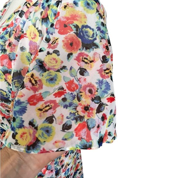 Tahari Arthur Levine Floral Faux Wrap Sheer Flutter Sleeve Tier Dress Size 12 - Picture 7 of 14